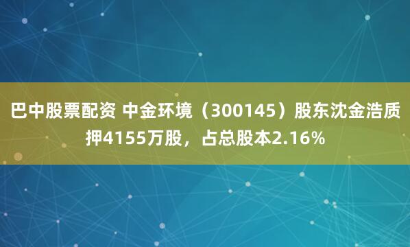 巴中股票配资 中金环境（300145）股东沈金浩质押4155万股，占总股本2.16%